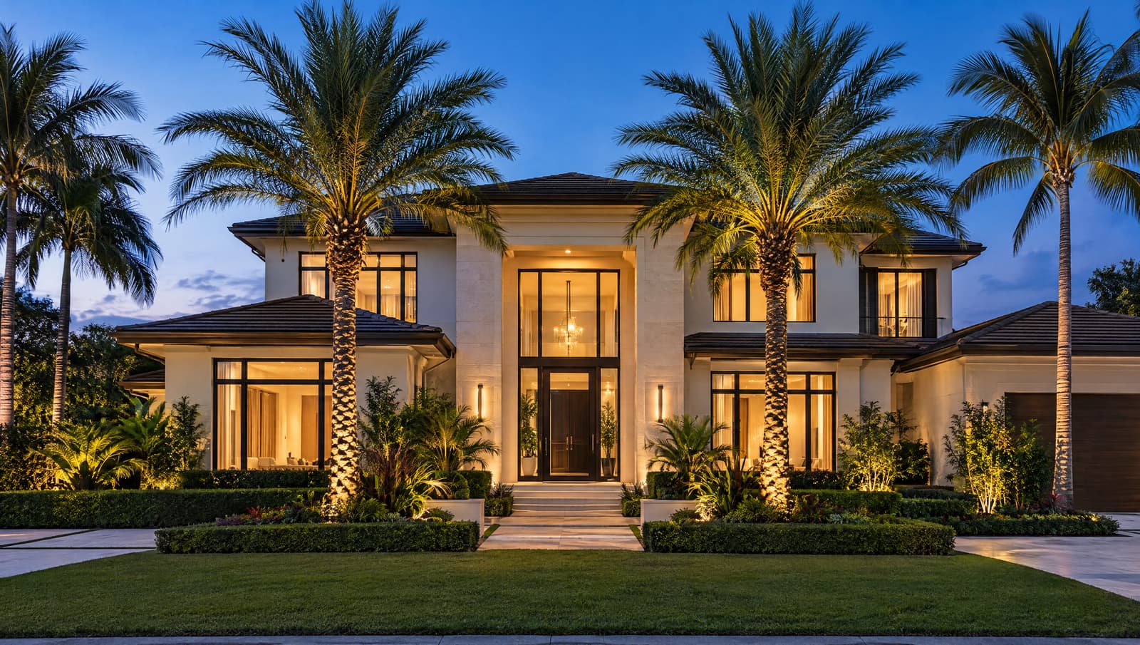 Home exterior at dusk with warm lights inside