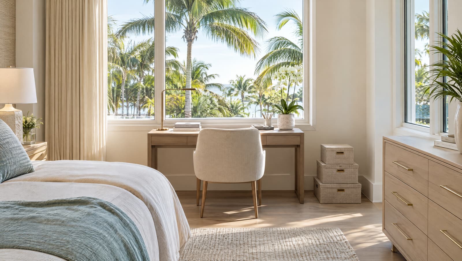 Small bedroom with a compact desk by the window