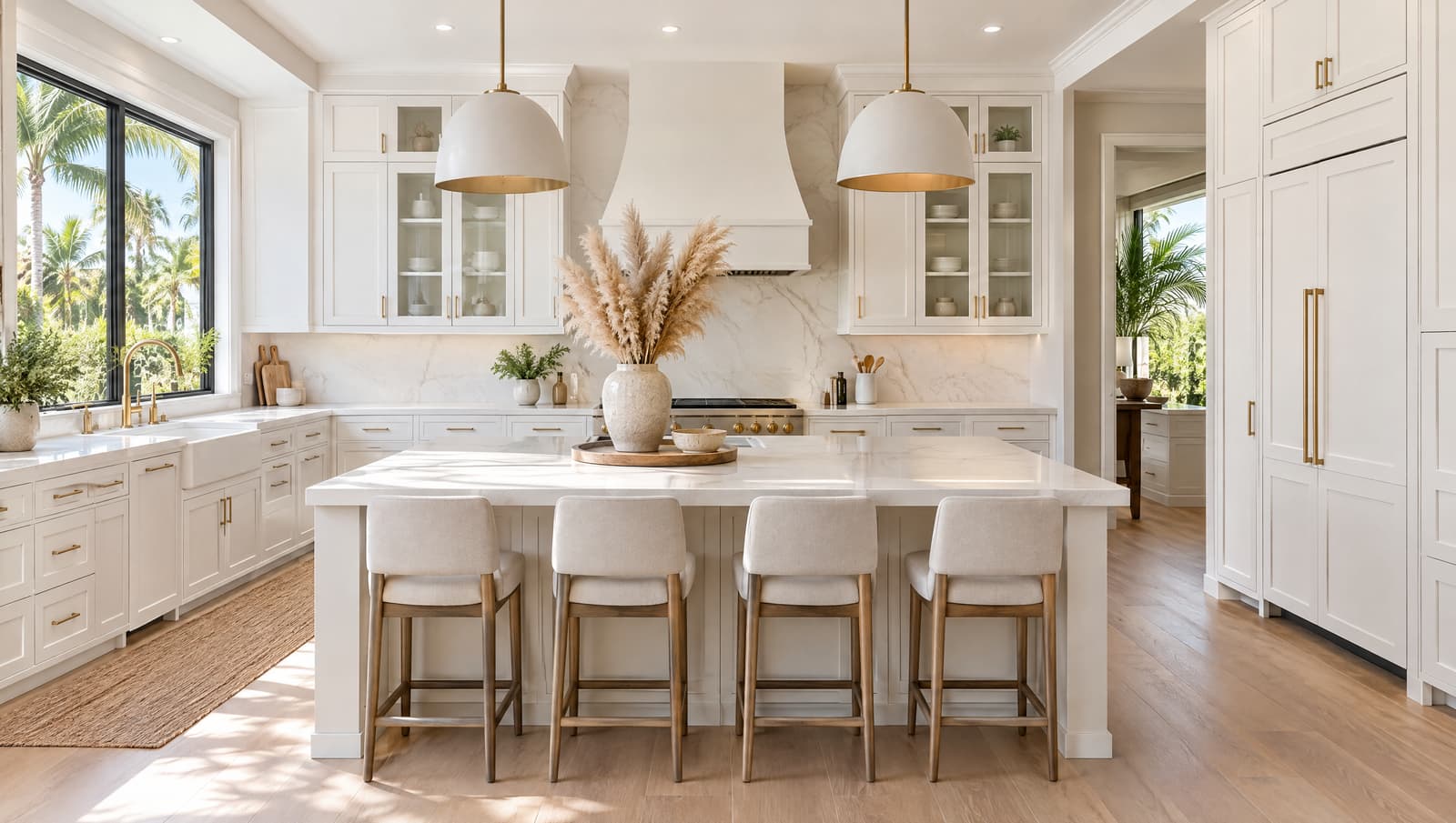 Bright kitchen with pendant lights and open shelving